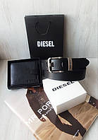 Подарочный кожаный мужской  набор Diesel ремень и кошелек black