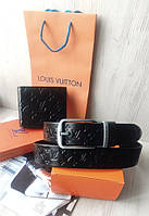 Чоловічий шкіряний подарунковий набір: ремінь і гаманець Louis Vuitton black