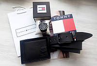 Мужской подарочный набор Tommy Hilfiger часы, кожаный ремень и кошелек black