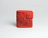 Дамський гаманець з натуральної шкіри ручної роботи з орнаментом "Котики" червоний, фото 2