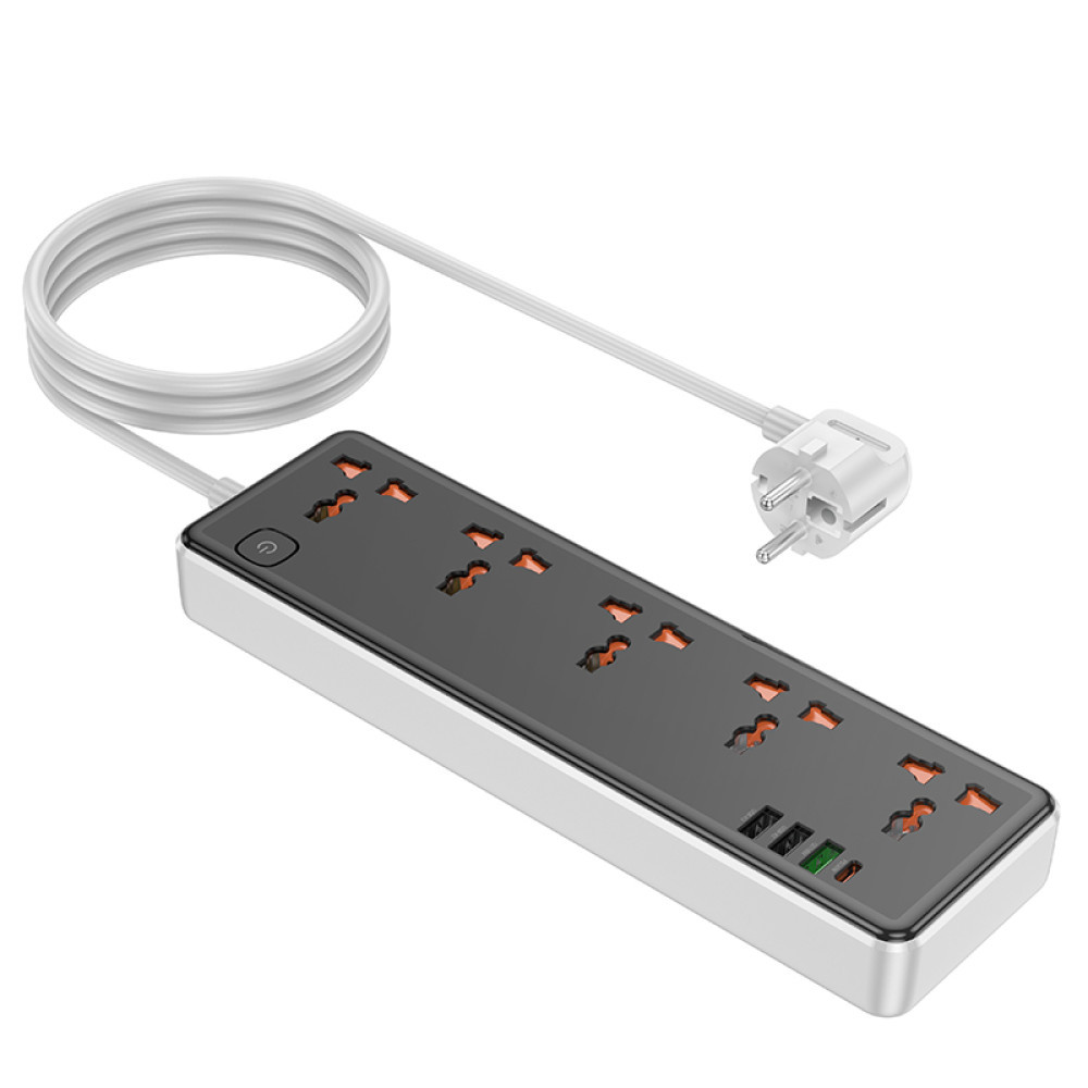 Подовжувач мережевий переноска 1.5 метра HOCO AC14A на 5 розеток |3USB/1Type-C PD/QC 3A/30W| Чорний