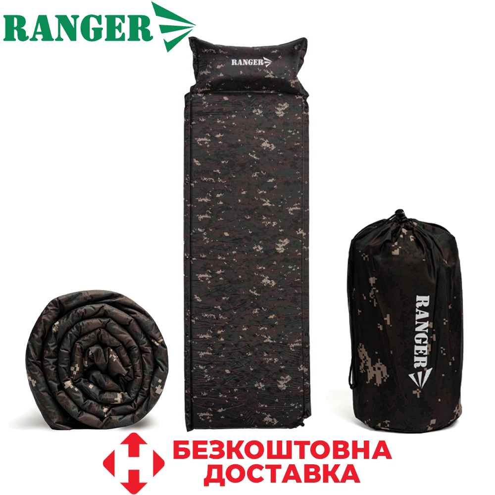 Килимок самонадувний з подушкою матрац самонадувний туристичний самонадувний каремат Ranger Batur Camo