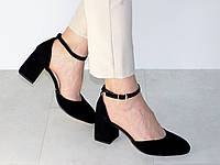 Туфли замшевые на устойчивом каблуке женские с ремешком черные