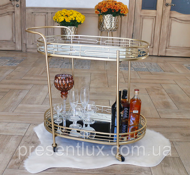 Сервірувальний столик Арт Деко золотий на колесах із металу