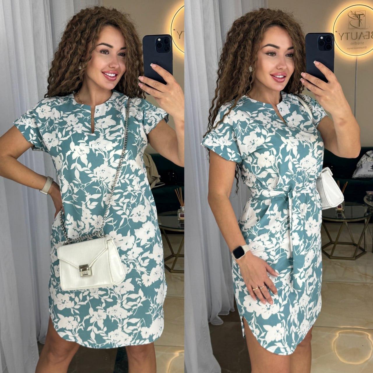 Літнє плаття-туніка із софту з поясом м'ятне з білими квітами, фото 1