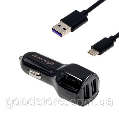Зарядний пристрій Grand-X 2,1A, 12-24 V, 2 USB + cable USB -> TypeC, Cu, 1 m (CH-26TC)