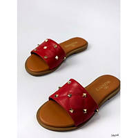 Летние женские кожаные шлепанцы красного цвета без каблука