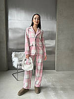 Костюм (брюки прямые+пиджак) трикотаж на шерстяной основе клетка бело-розовая MK 77