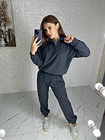 Костюм-двойка кофта с воротником и свободные штаны вельвет Вафля графит MK 77