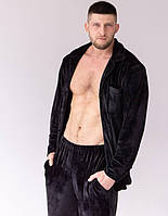 Черная стильная мужская пижама двойка рубашка и штаны плюшевая велюровая красивая домашняя модная