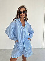 Легкий костюм Рубашка оверсайз и шорты на высокой посадке коттон голубой в полоску MK 77