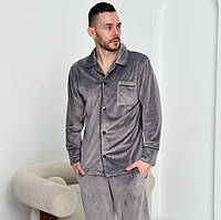 Светло серая мужская пижама двойка рубашка и штаны плюшевая велюровая красивая домашняя стильная модная
