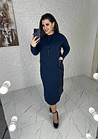Свободное платье по бокам кожаные вставки с разрезами + карманы синий MK 77