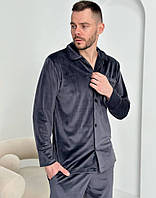 Графит мужская пижама двойка рубашка и штаны плюшевая велюровая красивая домашняя стильная модная