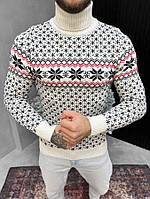 Новорічний чоловічий білий светр зі сніжинками, новорічний білий светр під горло зі сніжинками