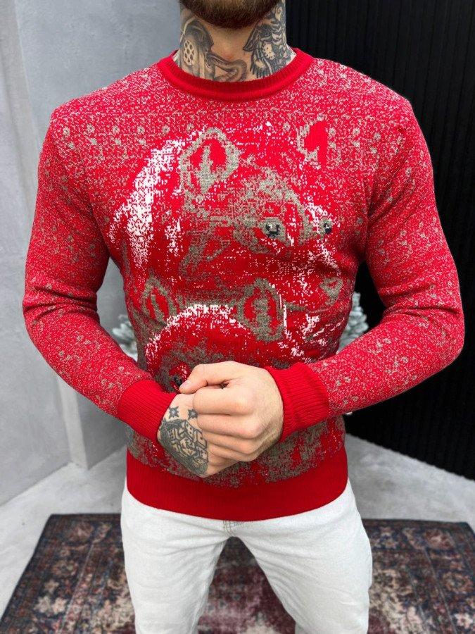 Новорічний чоловічий светр без горла, новорічний чоловічий червоний джемпер
