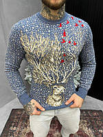 Чоловічий новорічний светр з оленем birds sea, чоловічий новорічний синій светр без горла з оленем