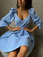 Элегантное платье на запах со складками расклешенная юбка пышные рукава голубой MK 77