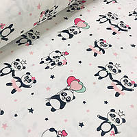 ОТРЕЗ (0,45*2,4м) Фланелевая ткань панды в розовых юбочках с шариками на белом (шир. 2,4 м) (FL-FR-012