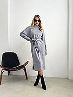 Стильное теплое ангоровое платье с поясом серый меланж MK 77