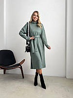 Стильное теплое ангоровое платье с поясом оливка MK 77