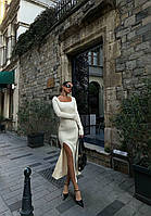 Элегантное длинное платье прямого кроя квадратный вырез горловины разрез высокий по ноге белый MK 77