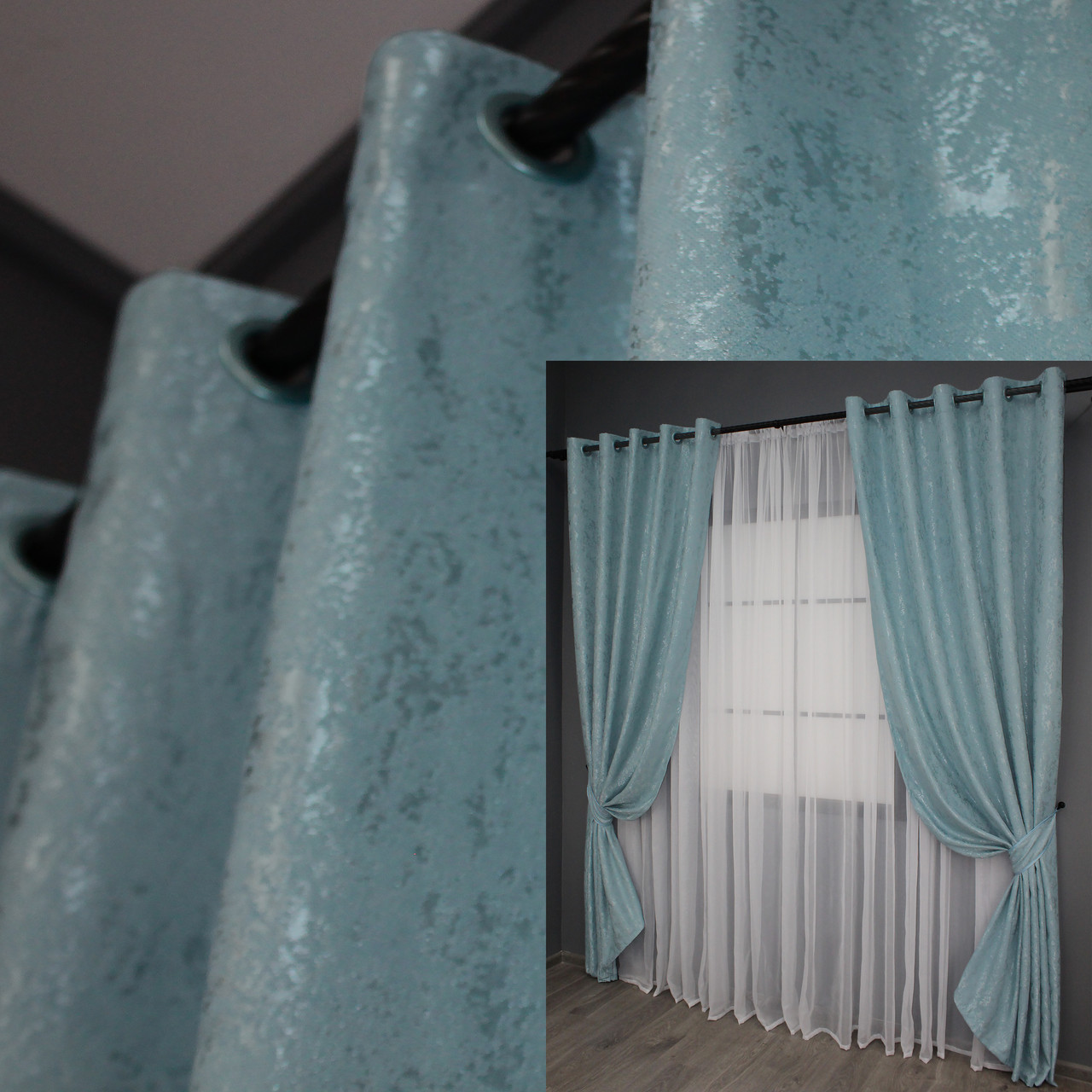 Комплект (2шт. 1,5х2,5м.) штор на люверсах, льон мармур, "Pavliani". Колір темно-блакитний. Код 1371ш 37-0052, фото 1