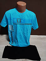 Летний подростковый костюм для мальчика подростка Нью Йорк на 7-11 лет голубой синий футболка и шорты