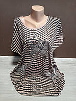Женская футболка туника БАТАЛ Дача Полоска Лилия 56-60 размеры пудра кофе