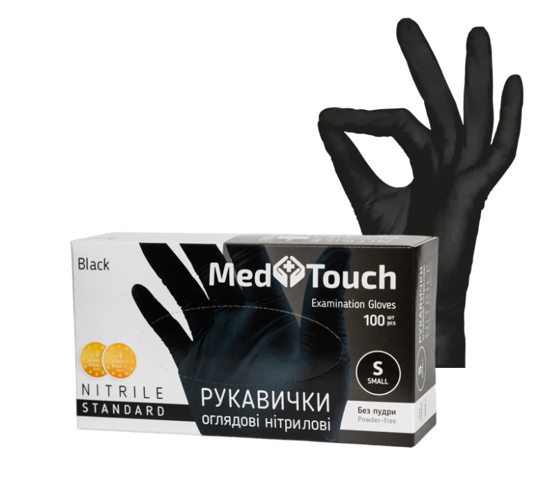 50 ПАР Рукавички розмір S нітрилові чорні неопудрені MedTouch, Чорний