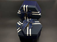 Коробка подарочная шестиугольная с бантиком. 3шт/комплект. Цвет синий. 19х10см