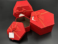 Коробка подарочная шестиугольная с бантиком. 3шт/комплект. Цвет красный. 19х10см