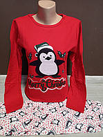 Комплект для сна женская пижама утепленная Новый год Пингвин Турция 46-48 красная с начесом