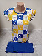 Комплект летний для девочки подростка футболка и бриджи Турция 12-18 лет хлопок Синий с желтым