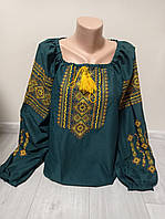 Женская изумрудная вышиванка с золотой вышивкой и длинным рукавом Украина УкраинаТД 58-64 размеры