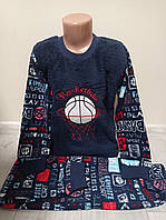 Подростковая пижама для мальчика подростка теплая Турция Мяч на 6-8 лет махра травка синяя