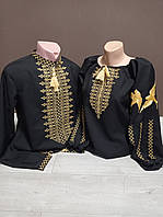 Парные черные вышиванки "Достоинство" с золотой вышивкой Украина УкраинаТД 44-64 размеры комплект за 1 штуку