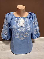Дизайнерская голубая женская вышиванка "Радость" с вышивкой и рукавом 3/4 Украина УкраинаТД 44-64 размеры