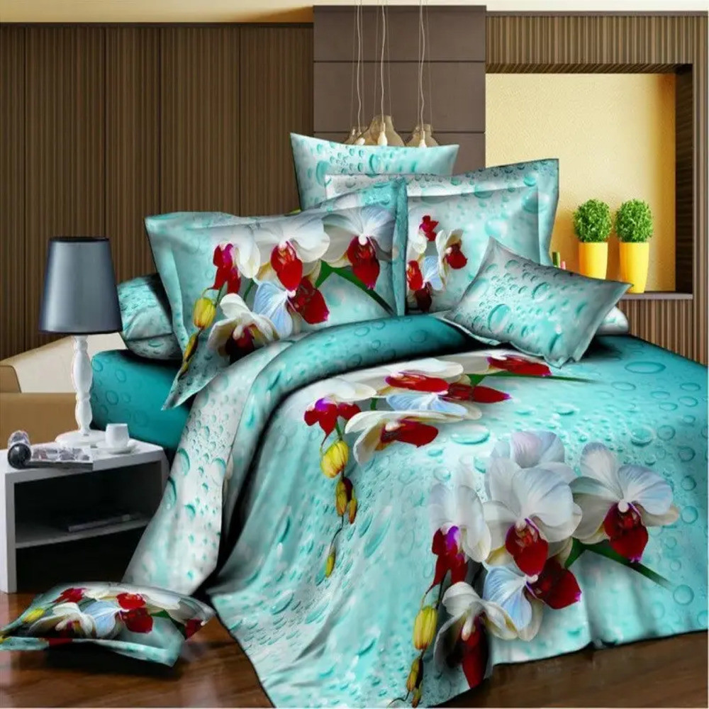 Комплект постільної білизни Євро 200*220 Постільна білизна з Орхідеями (18924) Бязь бавовна поліестер, фото 1