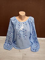 Вышиванка женская рубашка блуза с вышивкой шифон голубой 42-46 размеры