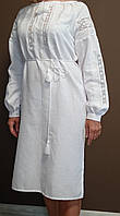 Дизайнерское льняное белое женское платье "Стиль" с белой вышивкой УкраинаТД 44-58 размеры лен