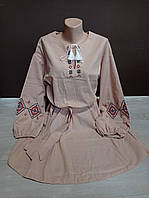 Женское бежевое платье с вышивкой с длинным рукавом УкраинаТД 44-50 размеры лен
