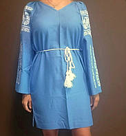 Дизайнерское женское голубое платье с вышивкой с длинным рукавом ТМ Амулет УкраинаТД 44-64 размеры лен