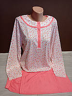 Пижама женская батал 48-58 размеры Цветочки хлопок длинный рукав и штаны корал и мята