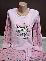 Пижама утепленная подросток для девочки Турция Кот манжет 7-12 лет махра травка розовая