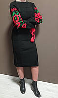 Женское черное теплое платье с вышивкой с длинным рукавом шерсть Маки УкраинаТД 44-50 размеры