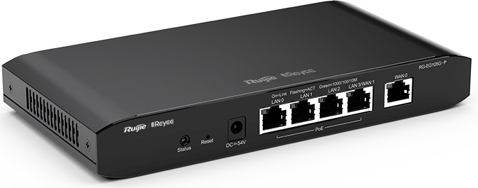 Маршрутизатор серії Ruijie Reyee RG-EG105G-P V2, 500 Мбіт/с, 4 порти PoE/POE+, 2 WAN порти, 206.5×108.5×28 мм