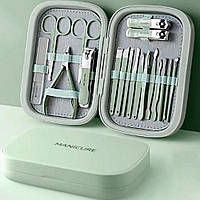 Набір для манікюру та педикюру з нержавіючої сталі в сумці 18 предметів Manicure Green