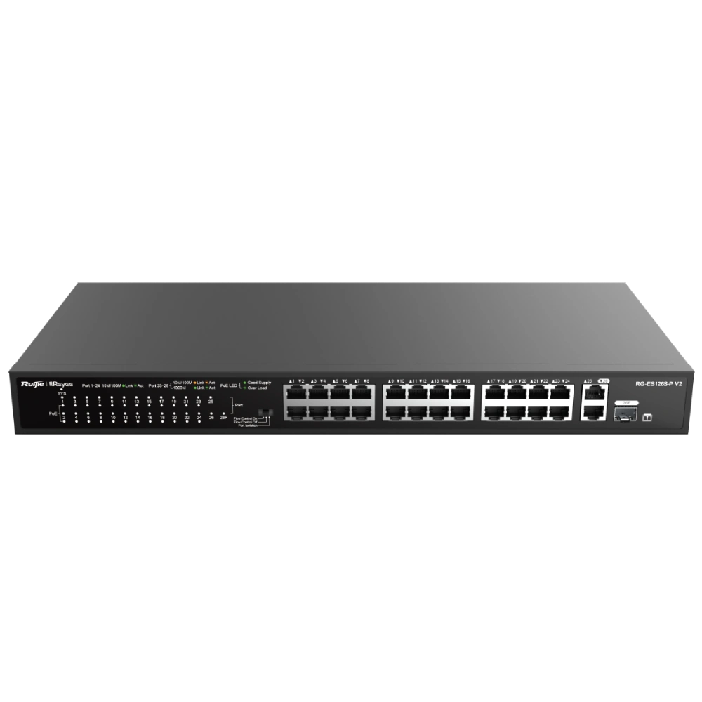 24-портовий некерований PoE комутатор Ruijie Reyee RG-ES126S-P V2, 24x10/100BASE-TX та 2x10/100/1000BASE-T+ 1