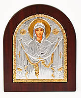 Икона Покрова Пресвятой Богородицы 11х13см серебряная арочной формы на коричневом дереве